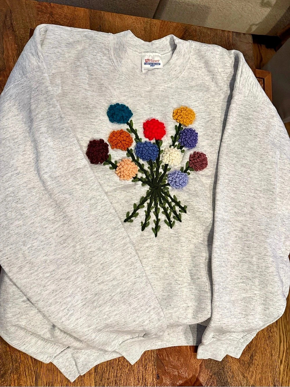 Hanes L 3D Floral Embroidered Crewneck Sweatshirt Cottagecore Flowers Gray